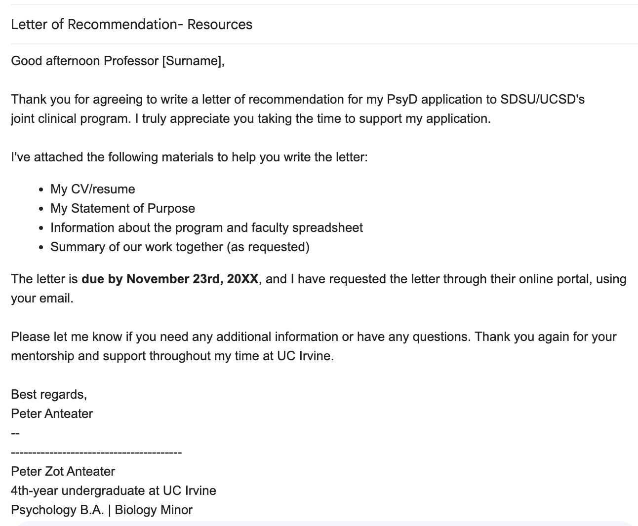LoR Resources Email Example 