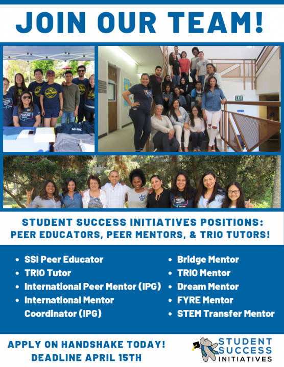 Join the Student Success Initiative team. Apply thourgh Handshake 